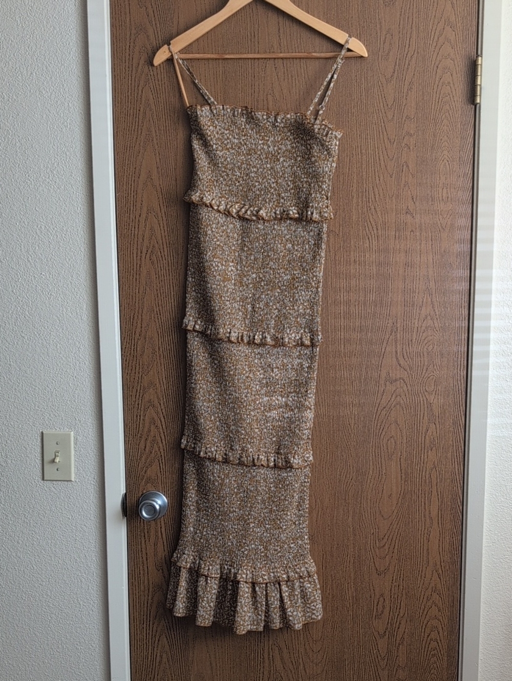 Spaghetti Strap Tiered Ruffle Smocked Dress in Mustard Floral